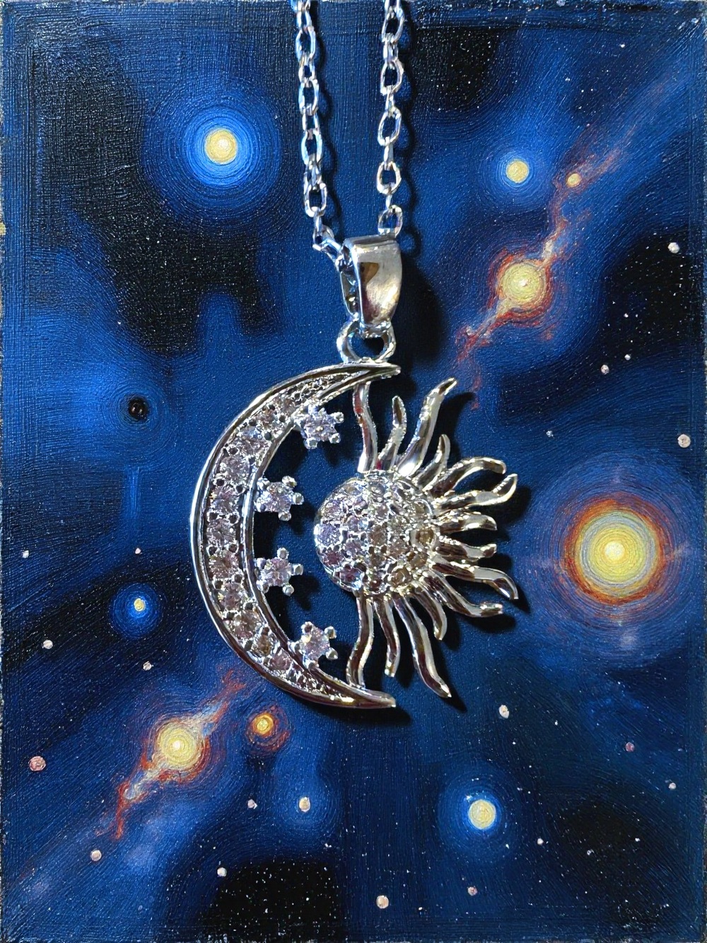 Silver Sun, Stars, and Moon Pendant Necklace - Celestial Sparkle - Picture 5 of 17